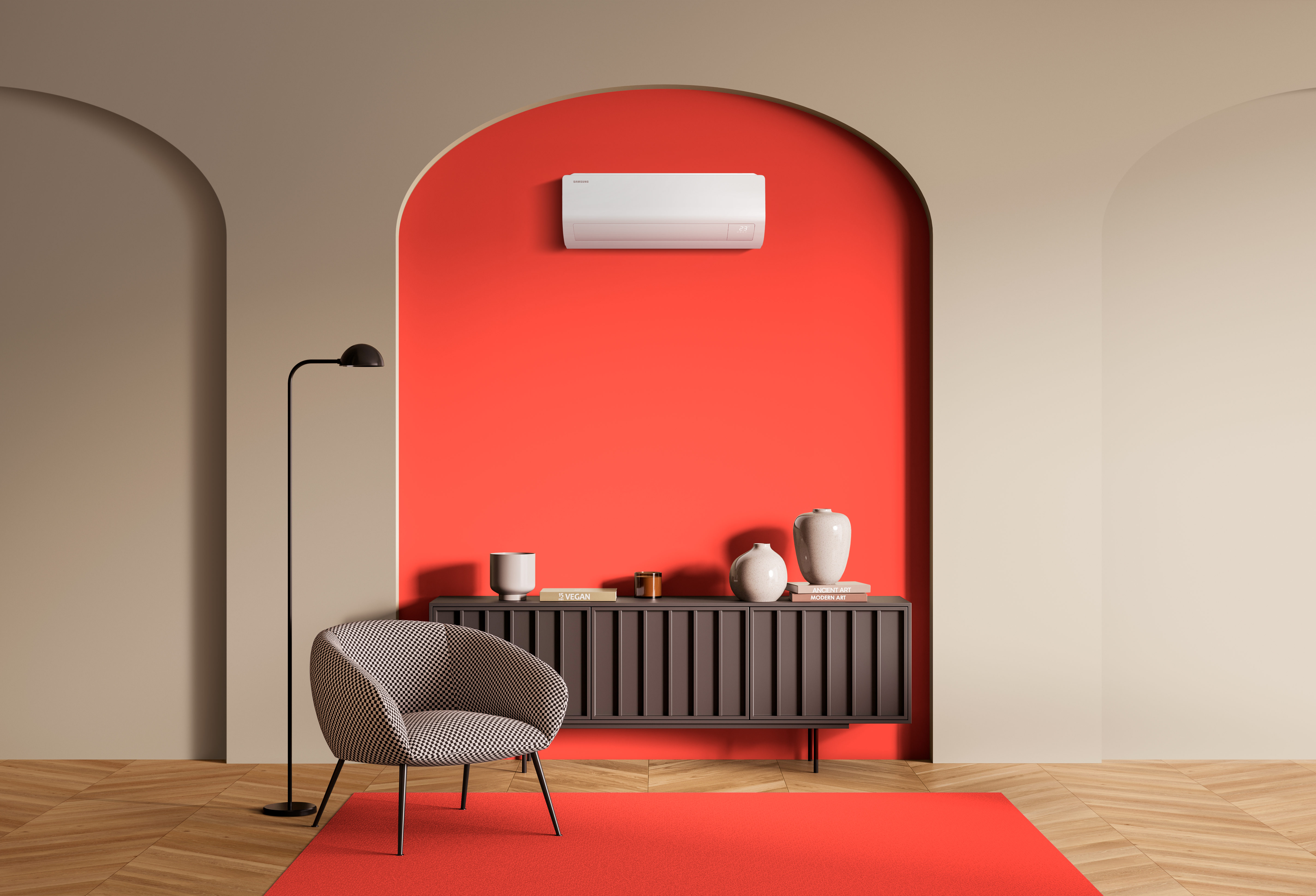 Beige living room interior with chair and commode with art books on parquet floor. Minimalist relaxing room with decoration. Mockup copy space photo frame, 3D rendering; Shutterstock ID 2052577967; Projectnummer: 23091880; job:  Samsung_Climate_Solutions_Photography_Pitch; client: Lukkien; other: 